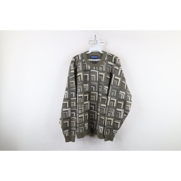 Vintage 90s Streetwear Mens Large Geometric Trippy Knit Crewneck Sweater Acrylic